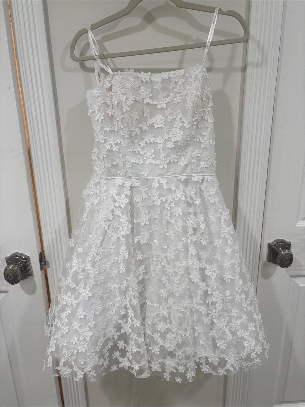 Jovani White Floral Lace Mini Dress with Spaghetti Straps